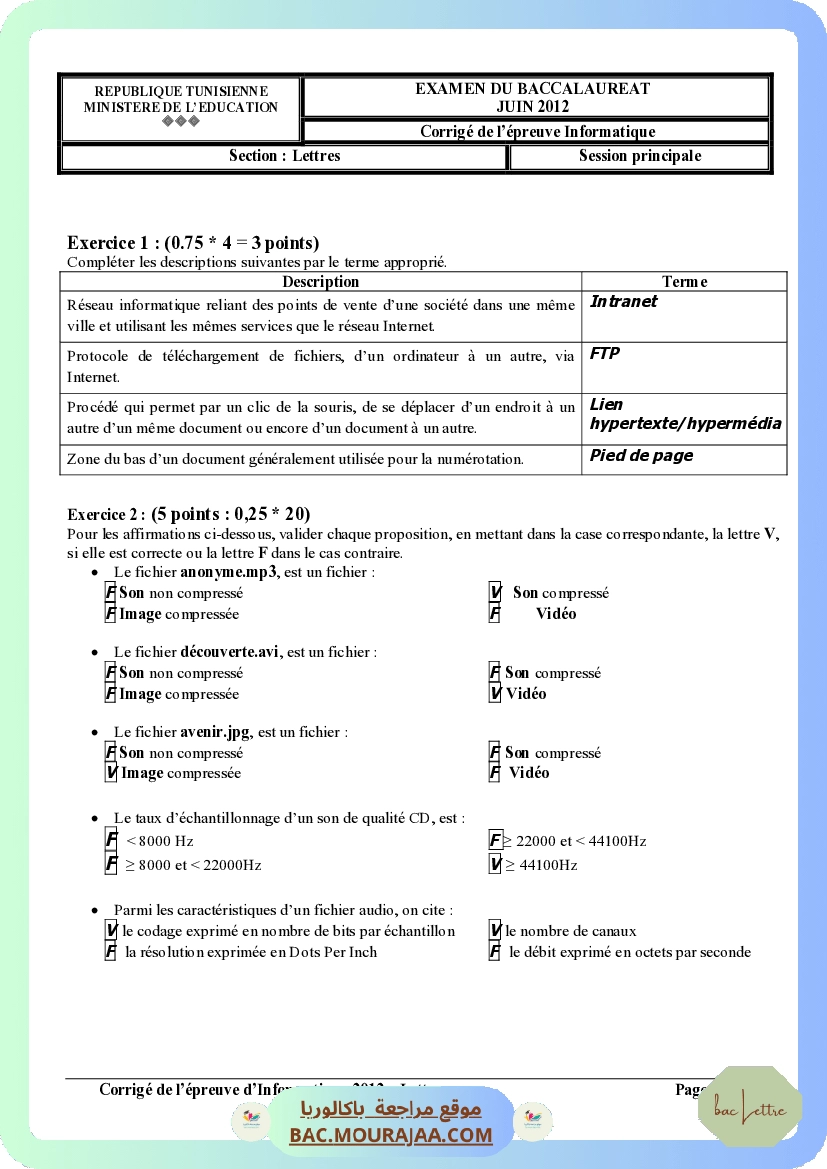 Corrigé principale info Bac 2012 – Section lettre